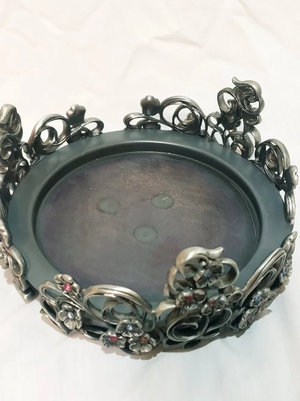 Flowers Scroll work Rhinestone Partylite Candle Holder Three Wick 8" wide - Picture 3 of 12